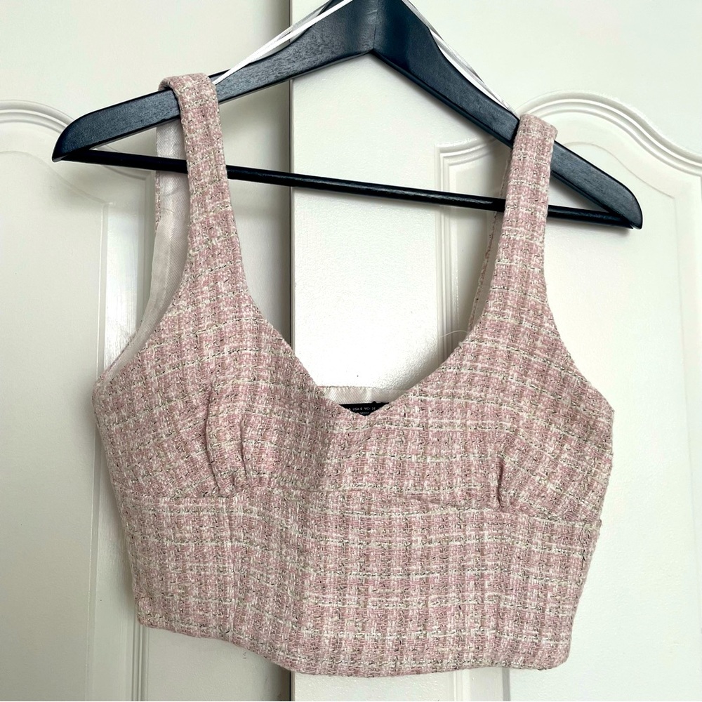 Zara Pink Tweed Cropped Top Sz Small